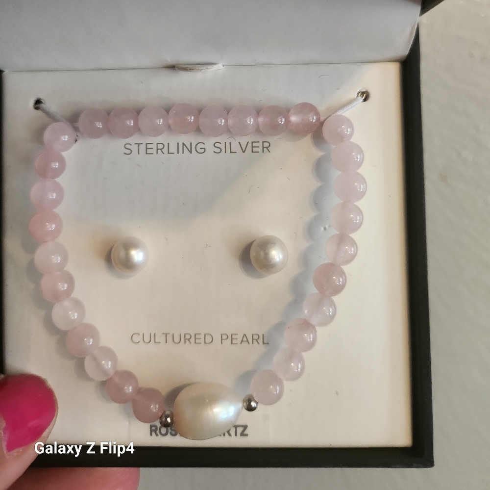 Jewelry Beautiful Rose Quartz and Cultured Pearls Set ( with sterling silver)